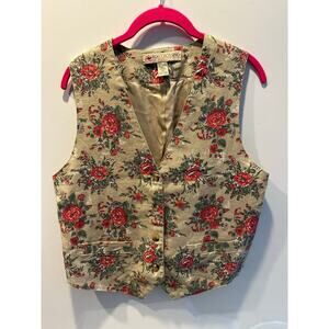 Roo Crossing Petite Women’s Waistcoat Vest Floral Beige Linen Cotten Small Vtg